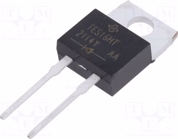 1 x Diodo: raddrizzatore 500V AC 16A, corrente di impulso inversa massima (Ifsm): 250A, montaggio a foro passante (THT), tempo di recupero inverso (FES): 50ns, modello: FES16HT-E3/45, marca: Univer