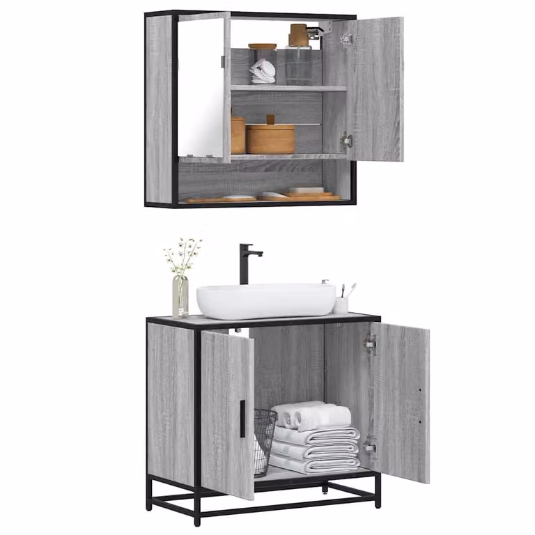 Set di mobili da bagno vidaXL in stile industriale composto da mobile lavabo e armadietto con specchio, colore grigio, in legno e metallo