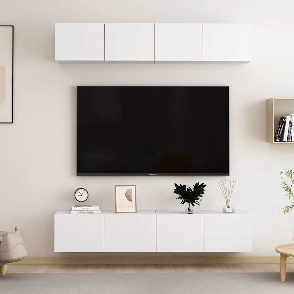 Set di 4 mobili TV moderni vidaXL in legno multistrato bianco, sospesi a parete, L/P/H: 80 x 30 x 30 cm