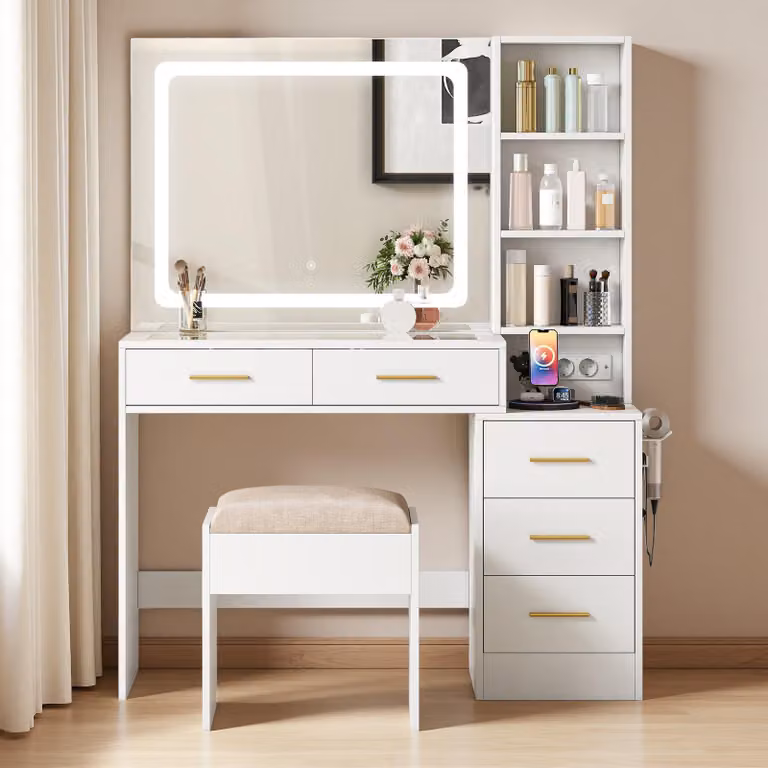 Comò da trucco INONEFT con specchio a LED e sgabello, moderno comò da trucco con porte USB, 7 ripiani e 2 cassetti, tavolino da trucco per la camera da letto