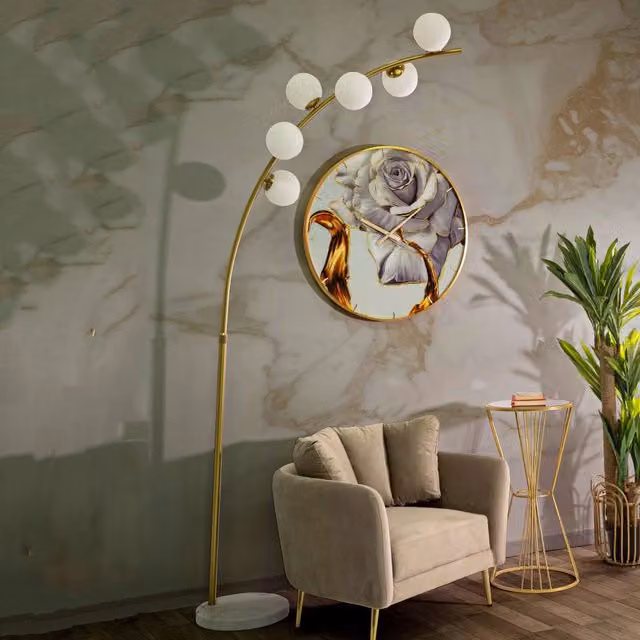Lampada da terra Bale in vetro bianco e metallo oro, ideale per soggiorno e camera da letto, H: 130 cm, L: 60 cm, P: 45 cm – 1