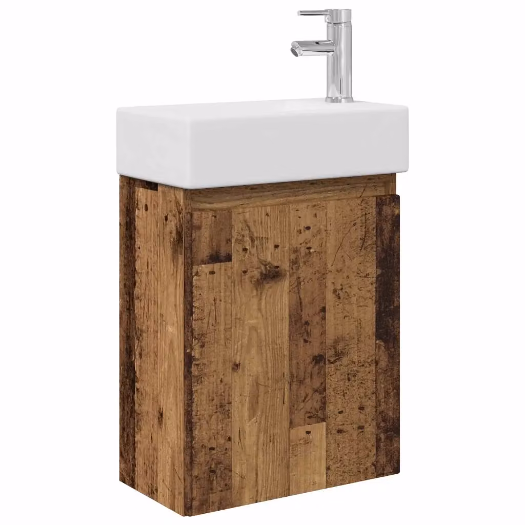Mobile bagno sospeso vidaXL in legno e ceramica, colore bianco e marrone, L: 45,5 cm, P: 22,5 cm, H: 84 cm – 2
