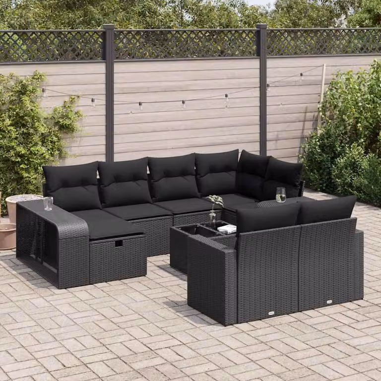 Set di divani da giardino vidaXL 11 pz con cuscini nero in rattan e acciaio