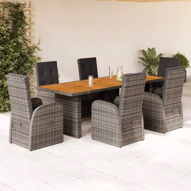Set da Pranzo da Giardino vidaXL in Polyrattan e Legno di Acacia Grigio, 7 Pezzi