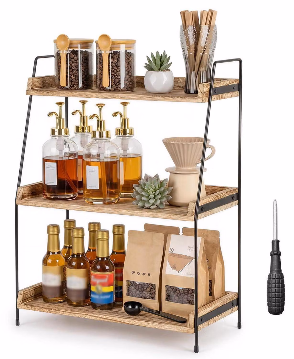Ripiano per cucina, piano di lavoro, 3 livelli, organizer per angolo caffè, legno e metallo, colore marrone