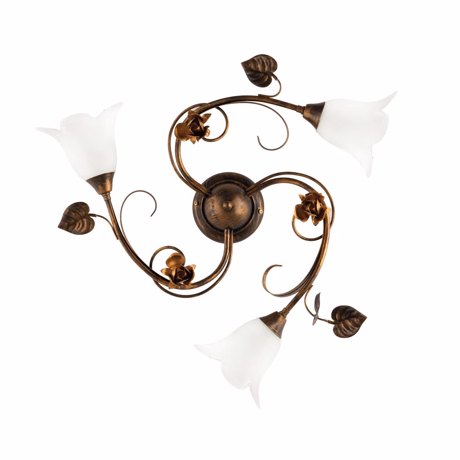 Plafoniera Classica 3 Luci con Foglie Ferro Battuto e Vetro Bronzo Serie Limone