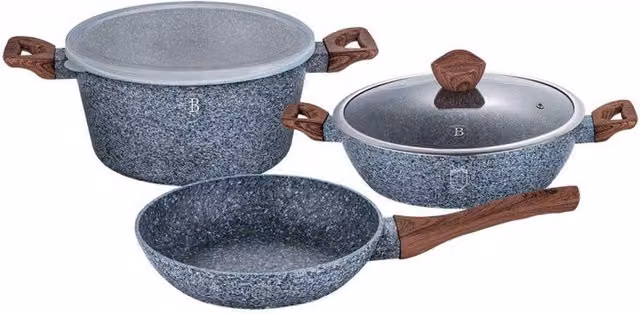 Set di pentole e padelle antiaderenti Berlinger Haus BH-7060 in granito, colore grigio, con coperchio in alluminio e silicone