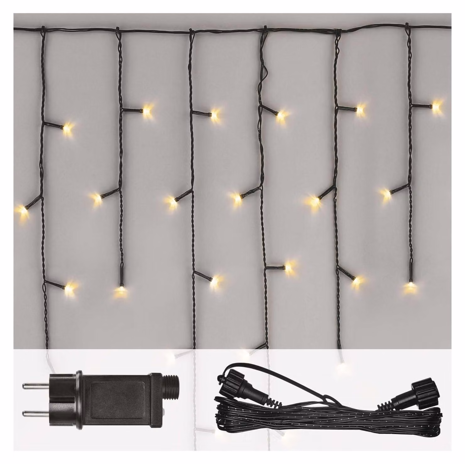 Catena luminosa effetto neve, lunghezza 2,5 metri + cavo da 5 metri, 100 LED, luce bianco caldo, grado di protezione IP44, con timer