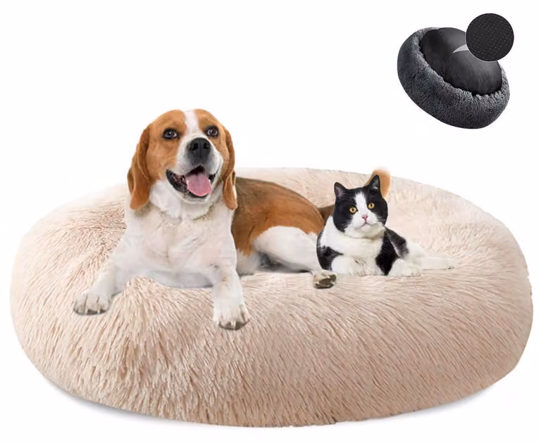 Cuccia per cani a forma di ciambella, in peluche, lavabile, morbida, diametro 90 cm, color marrone chiaro