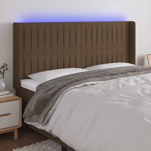 Testiera con LED e porta USB vidaXL in tessuto marrone scuro L: 183 cm, P: 16 cm, H: 118/128 cm – 1