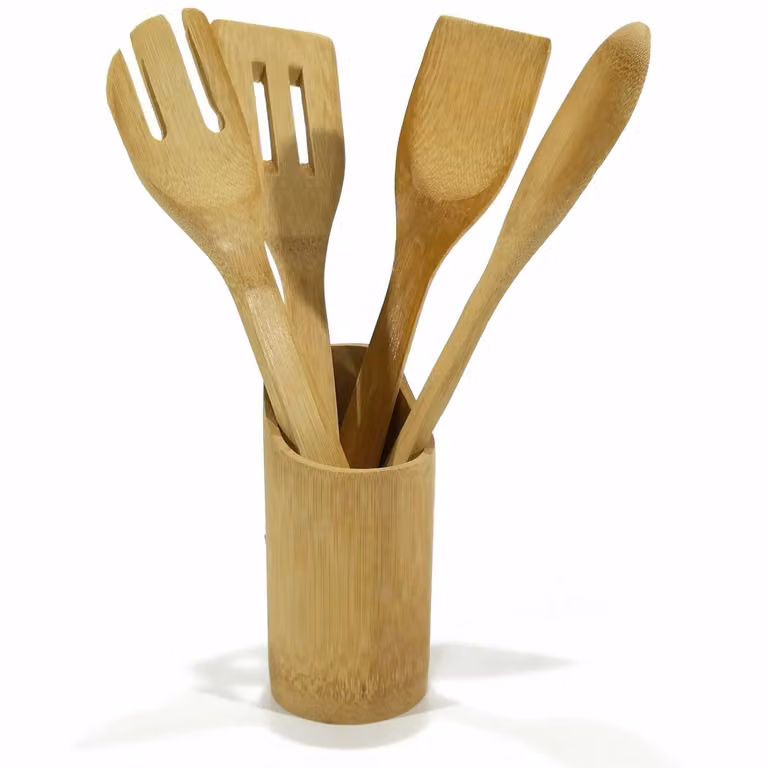 Set di 4 mestoli in bamboo beige con contenitore GUSTO CASA, non graffianti
