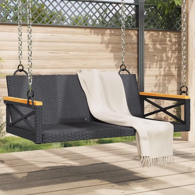 Panchina a dondolo moderna vidaXL in polyrattan e legno di acacia nera L: 109 cm, P: 62 cm, H: 40 cm