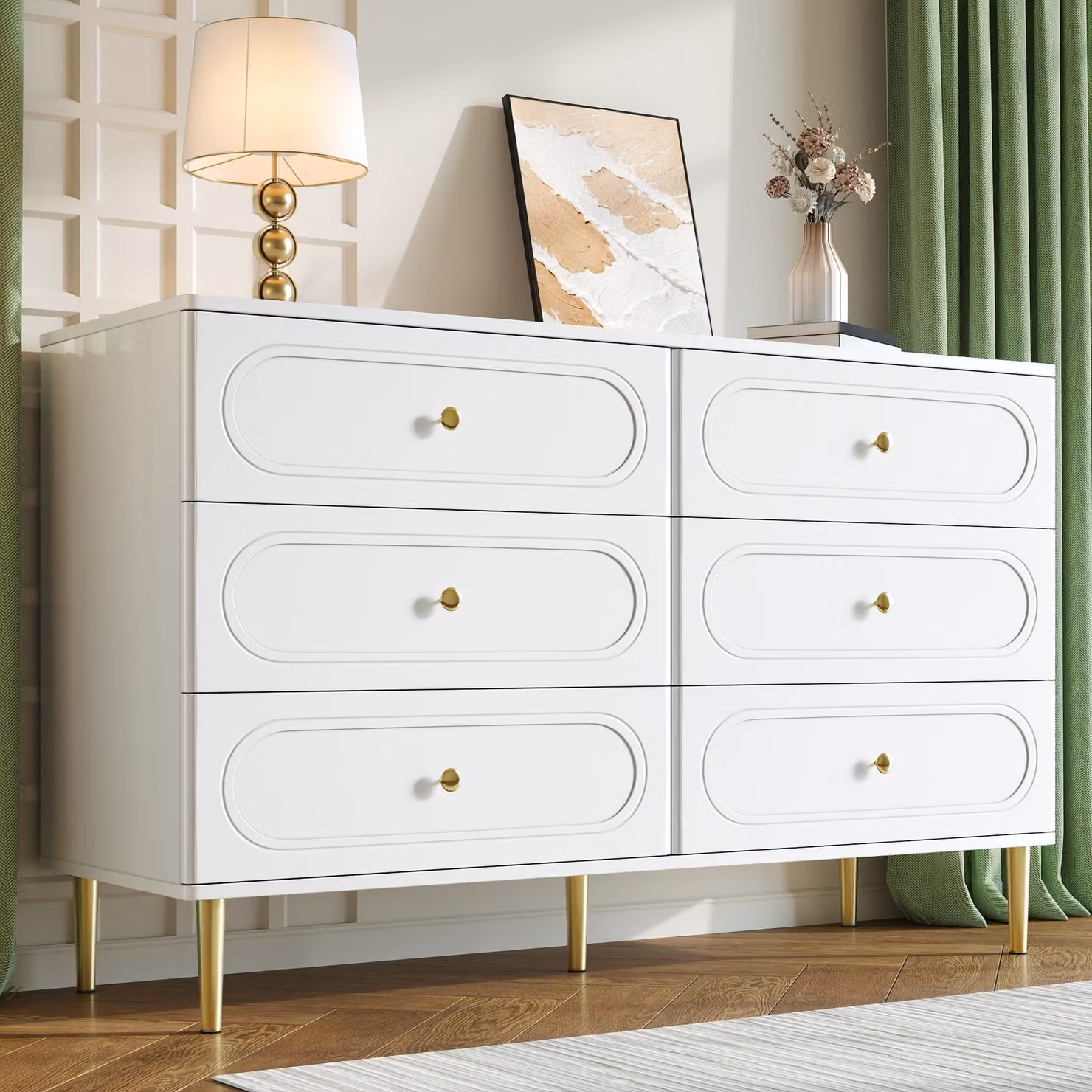 Credenza Merax con 6 cassetti, comò moderno con piedini in metallo e frontali ovali, mobile contenitore per soggiorno e camera da letto, bianco