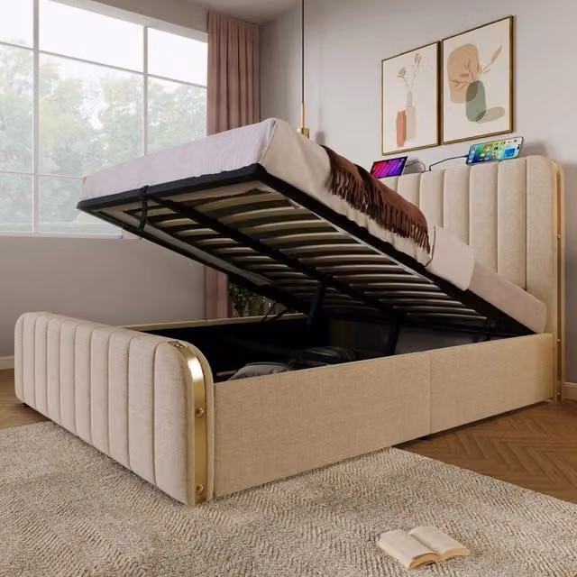 Letto matrimoniale imbottito 140 × 200 cm contenitore idraulico in lino beige con materasso e USB Type-C