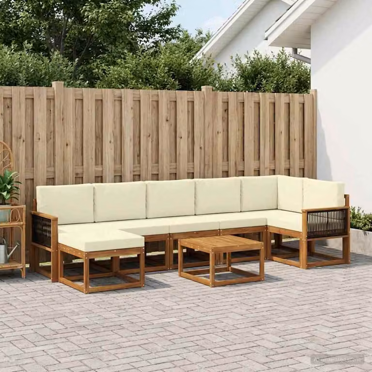 Set di divani da esterno vidaXL 8 pezzi in legno di acacia con cuscini, colore beige, bianco e marrone, composizione a L con tavolino e pouf