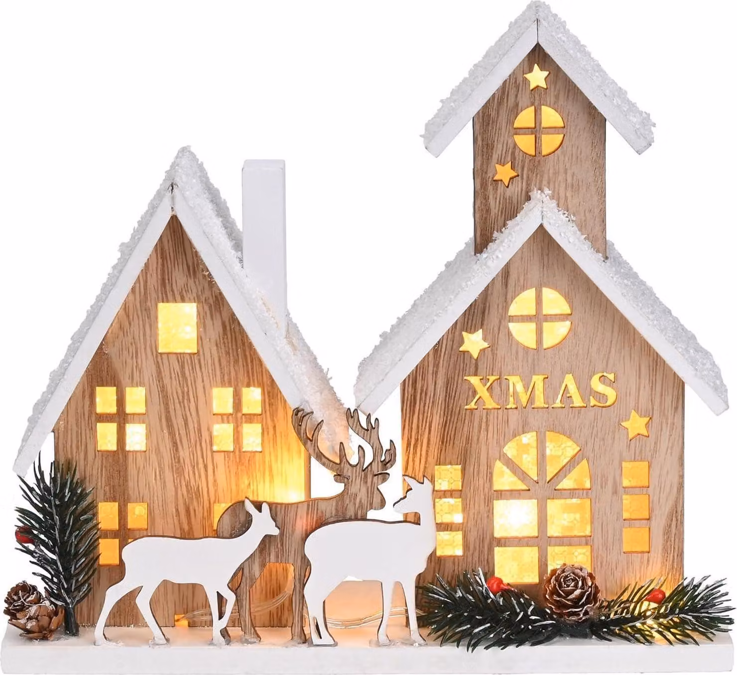 Decorazione natalizia in legno con luce LED, capanna scandinava albero d'alce invernale, 20,5x23cm