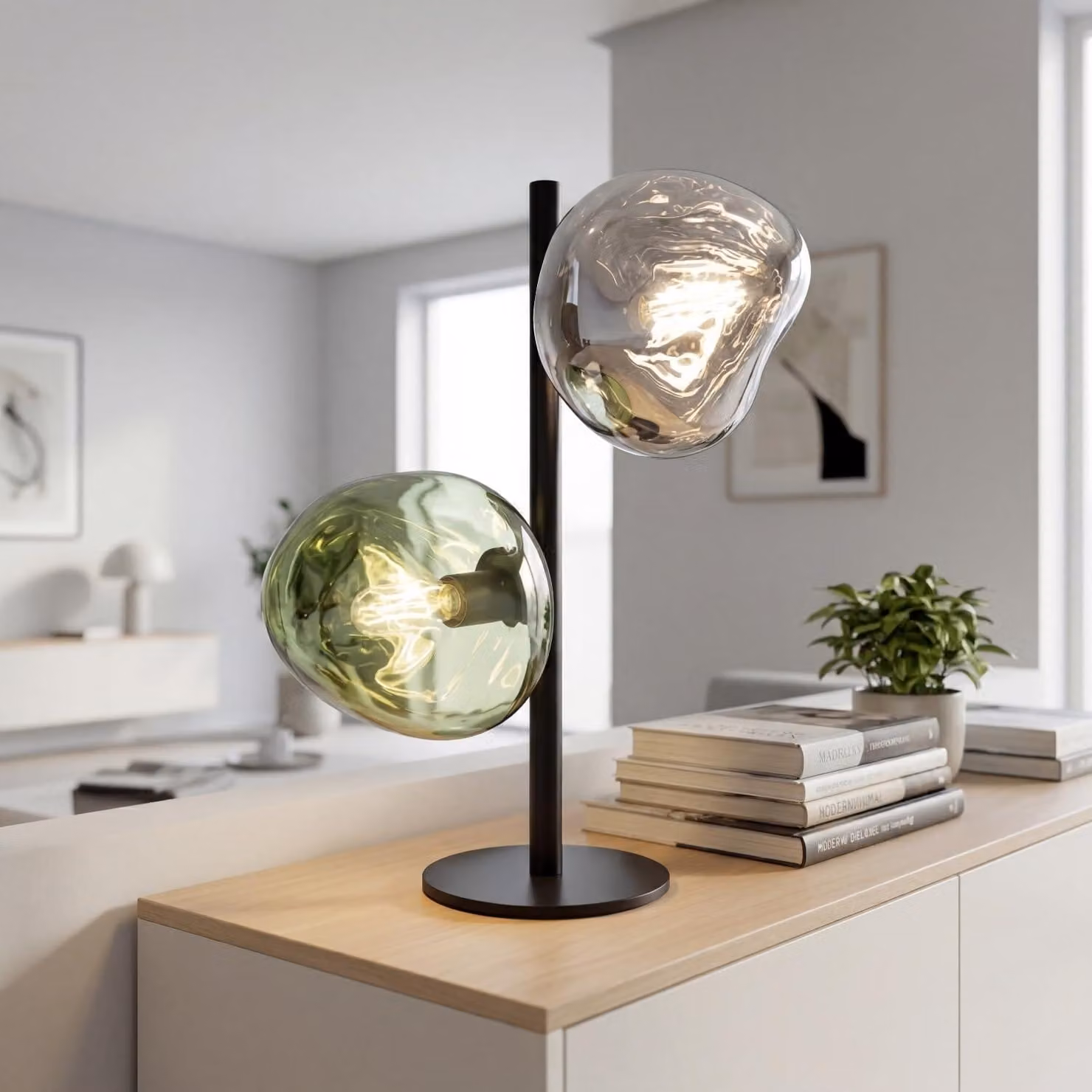 Lampada da tavolo in vetro, verde/bianco/nero, con 2 sfere, altezza 40 cm, 2 attacchi E14