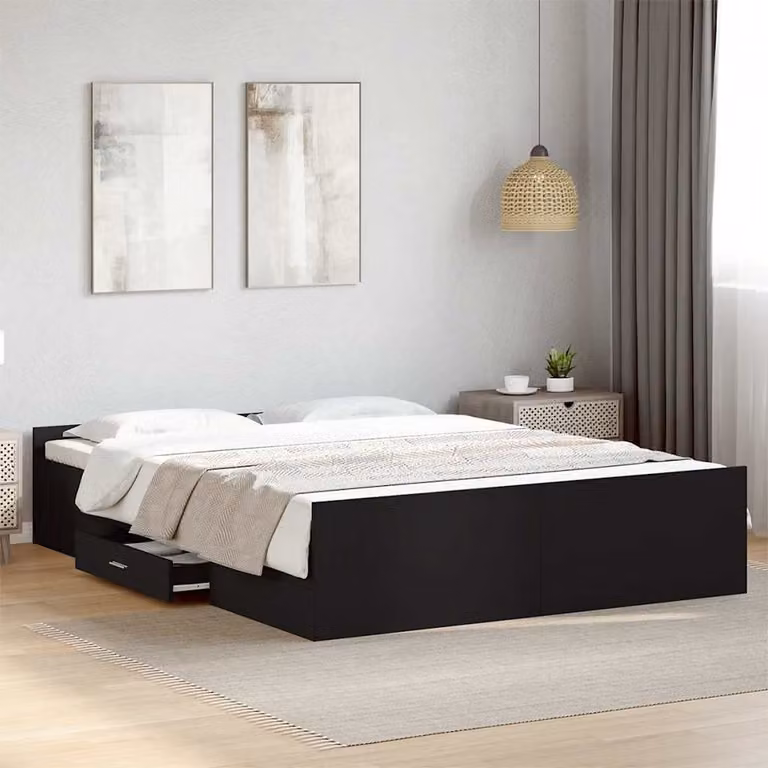 vidaXL Giroletto con Cassetti Nero in Legno Multistrato L/P/H: 150 x 200 x 40 cm