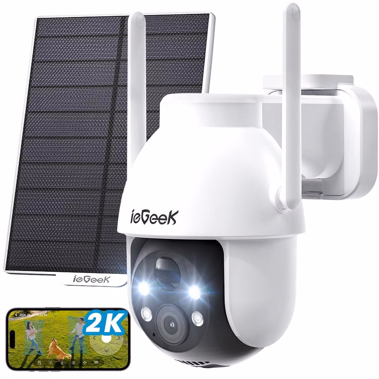 Telecamera di sicurezza per esterni 2K con rotazione a 360°, alimentata a batteria e con energia solare, dotata di visione notturna