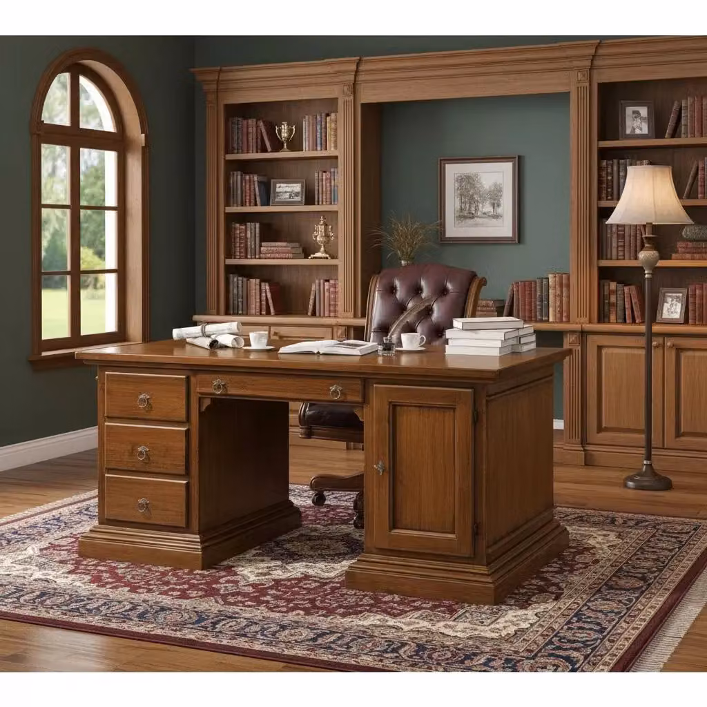 Scrivania classica Mobili 2G in legno con 4 cassetti e 1 porta, colore noce, L: 170 cm, P: 80 cm, H: 78 cm – 1