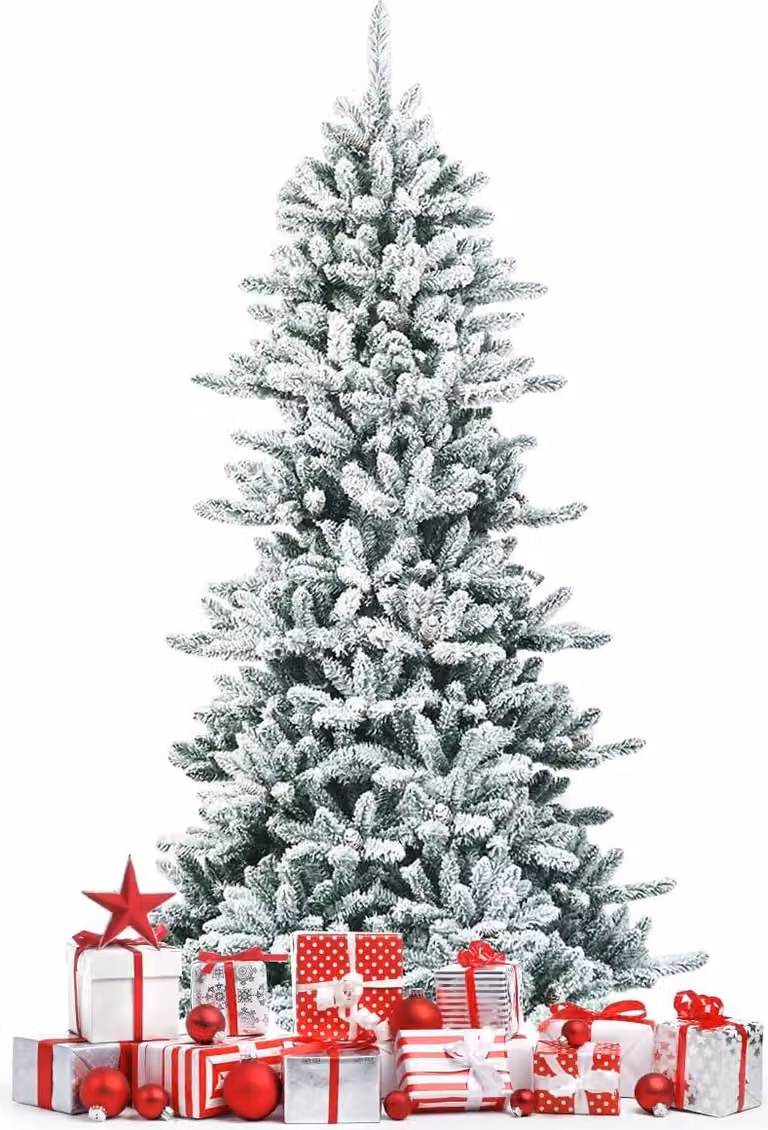 KOMFOTTEU Albero di Natale artificiale da 210 cm, abete con fiocchi di neve e pigne, albero artificiale decorativo per feste con supporto in metallo, per casa, negozi, ufficio