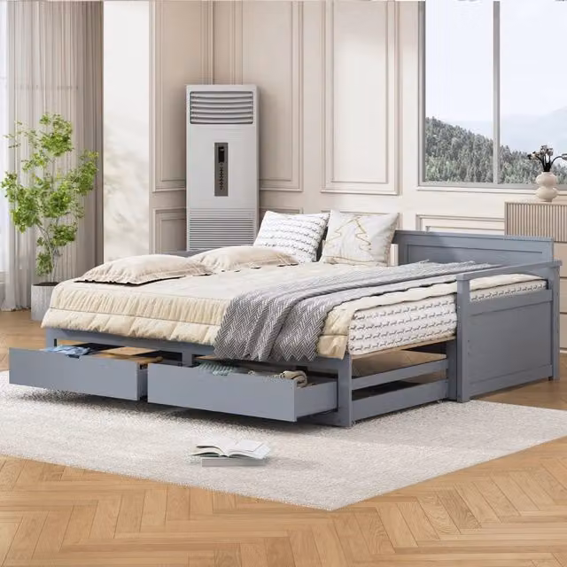 Daybed in legno di pino grigio 90×190 cm apribile a 180×190 cm, con 2 cassetti e letto estraibile, senza materasso