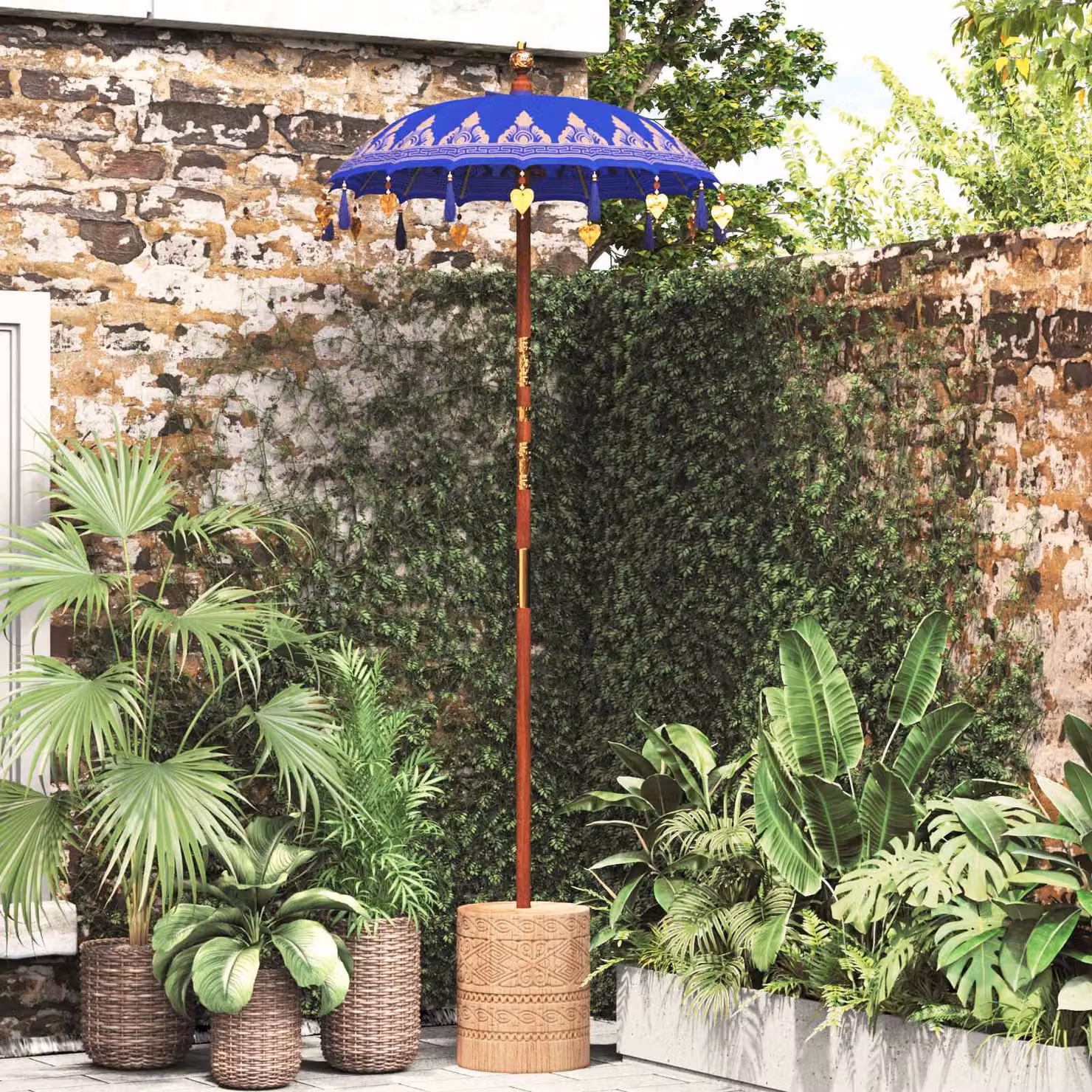 Ombrello balinese con base vidaXL, colore blu, L/P/H: 95 x 95 x 260 cm
