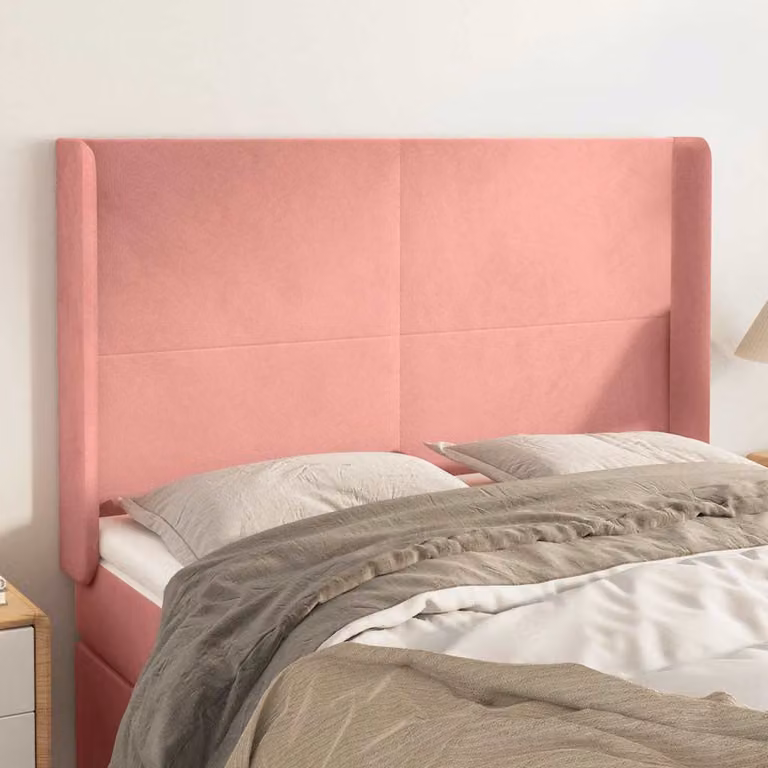 Testiera per letto vidaXL in velluto rosa con design ad orecchio, L: 147 cm, P: 16 cm, H: 118-128 cm