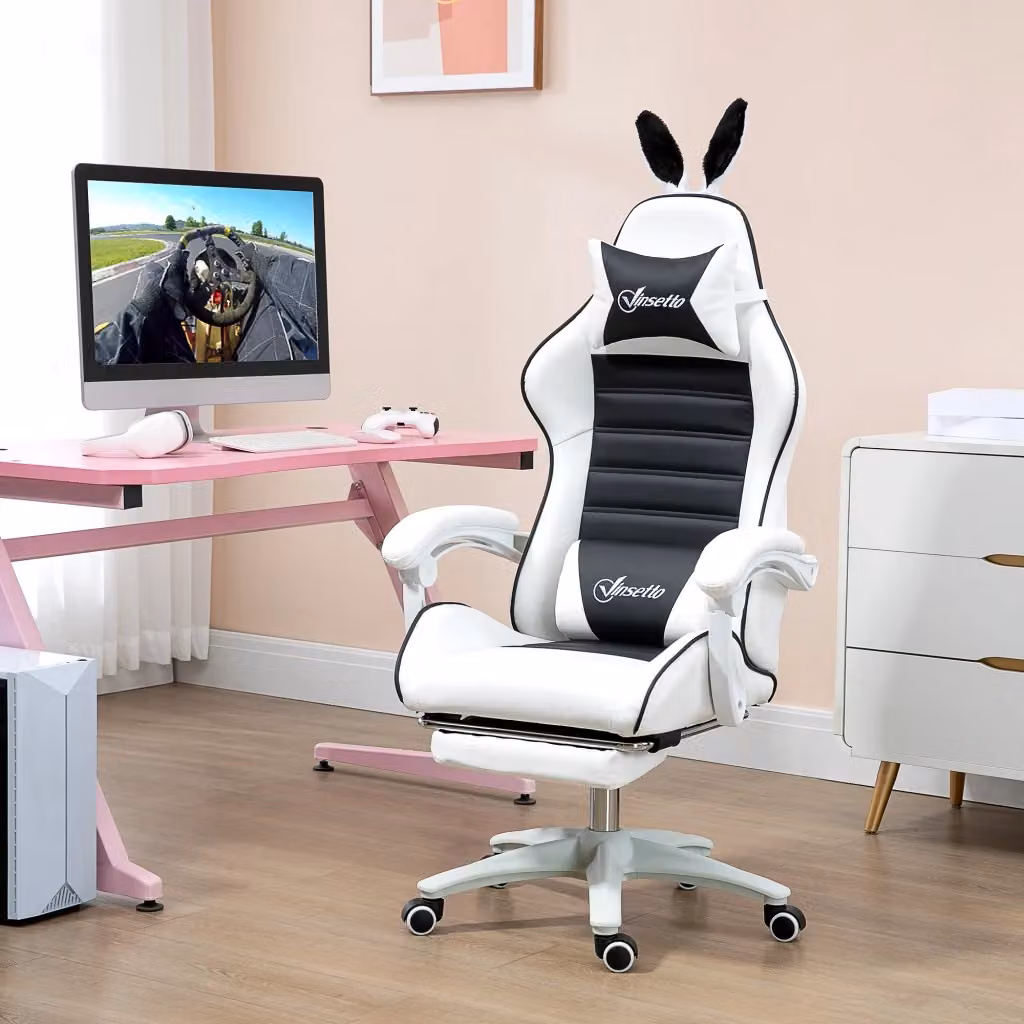 Sedia da Gaming GIORDANOSHOP con Orecchie da Coniglio, Nero e Bianco, in Pelle PU con Poggiapiedi e Cuscini, L/P/H: 65 x 63 x 136-142 cm – 2