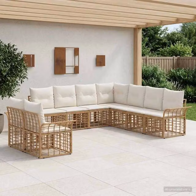 Set di divani da esterno 9 pz Naturale e Bianco Crema 3437716