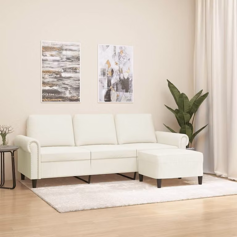 Maison Exclusive - Divano a tre posti con poggiapiedi, color crema, 180 cm, in velluto
