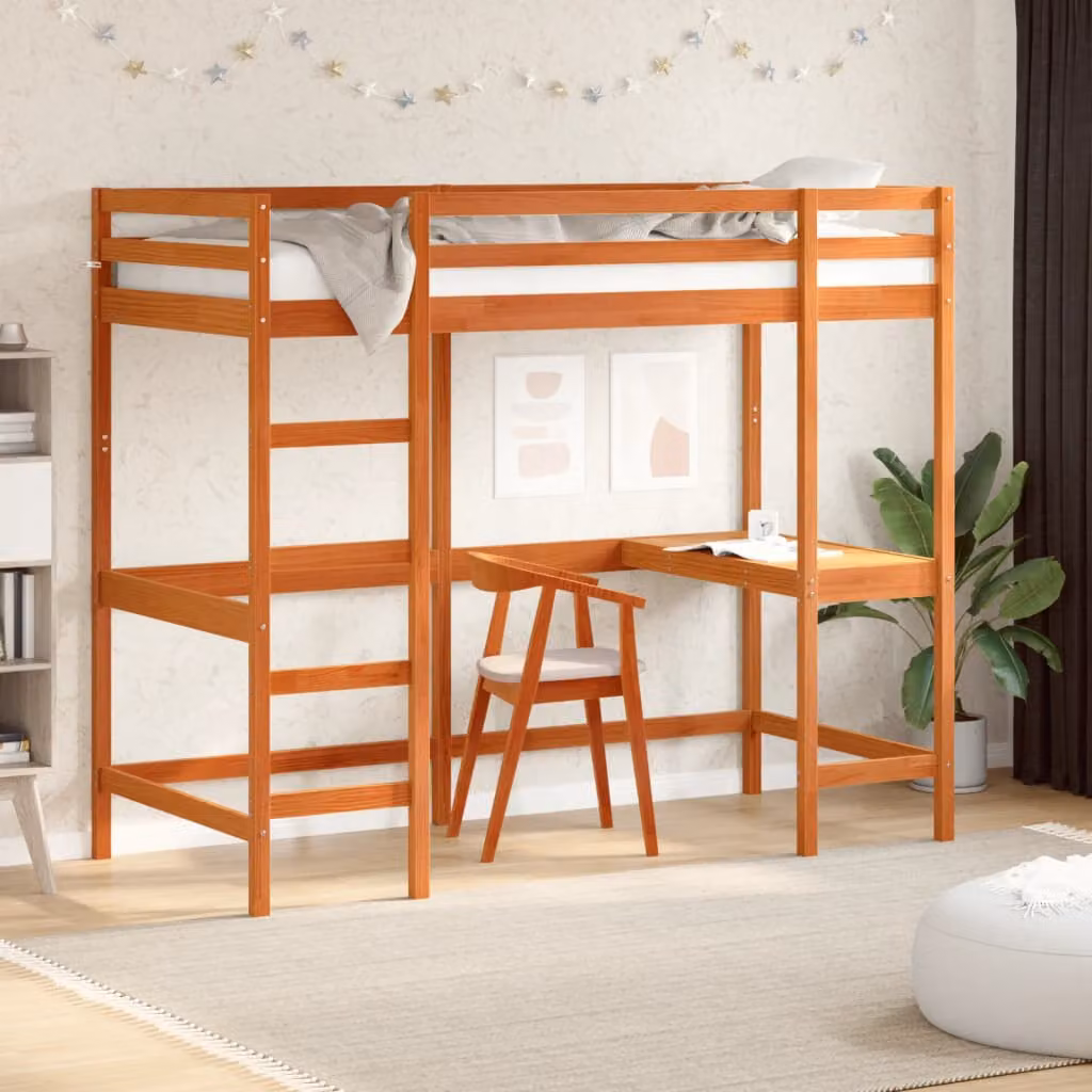 Letto Soppalco con Scrivania vidaXL in Legno di Pino Marrone Cera L/P/H: 205.5 x 90 x 175 cm – 1