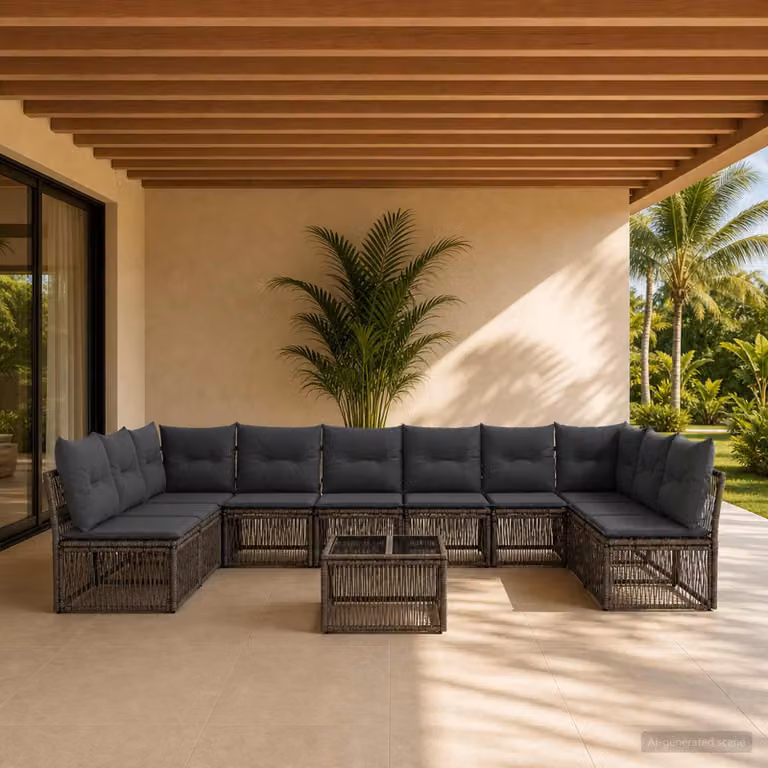 Set Divano da Giardino vidaXL 11 pz Grigio con Poltrona Angolare e Tavolino da Esterno in Polyrattan e Acciaio