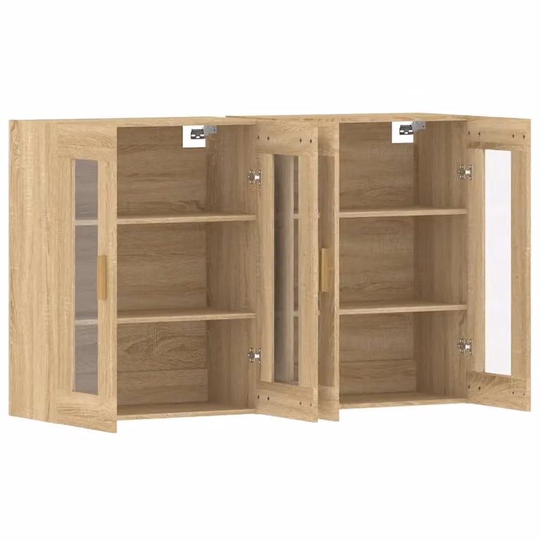 Set di 2 pensili a muro HELLOSHOP26 in legno rovere e vetro con ante in vetro, design moderno, colore marrone, L: 69,5 cm, P: 34 cm, H: 90 cm