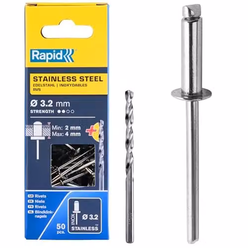 Rapid Rivetti Acciaio Inox 3,2x8 mm con Punta Trapano - 50 Pezzi