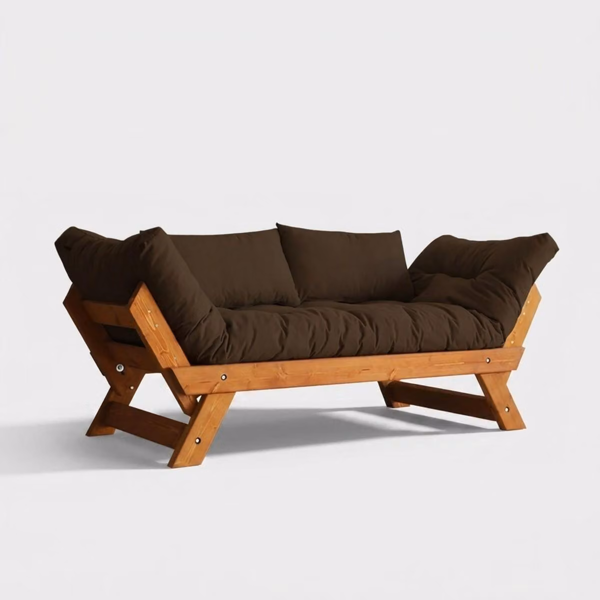 Divano letto in legno SORAI con rivestimento in lino idrorepellente e schienale regolabile - Marrone