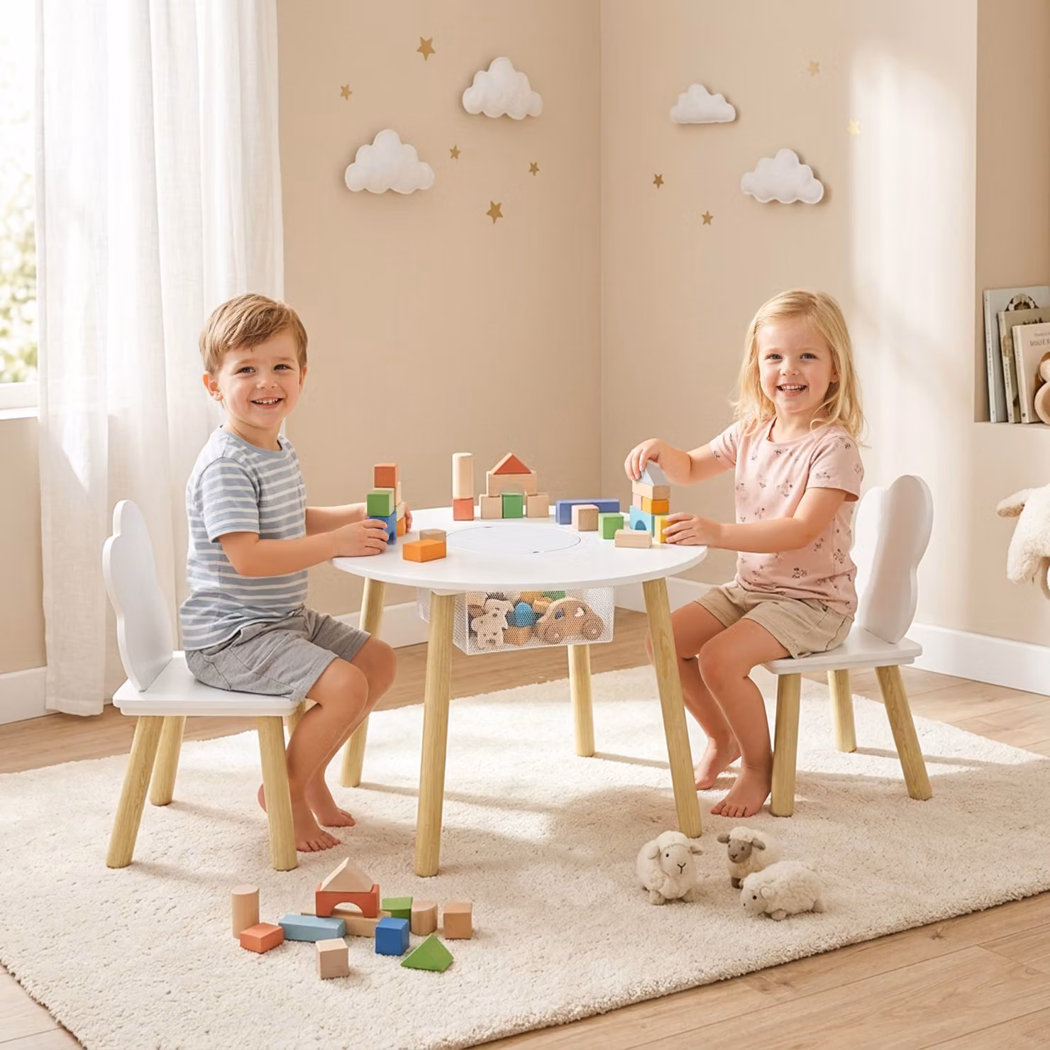Set di mobili per bambini AIYAPLAY composto da tavolo rotondo, sedie e contenitore, ideale per cameretta o stanza giochi, colore bianco e naturale – 2
