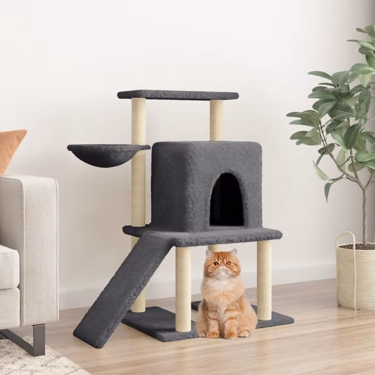 Albero per gatti vidaXL con tiragraffi in sisal, amaca e cuccia, colore grigio, Altezza: 96,5 cm