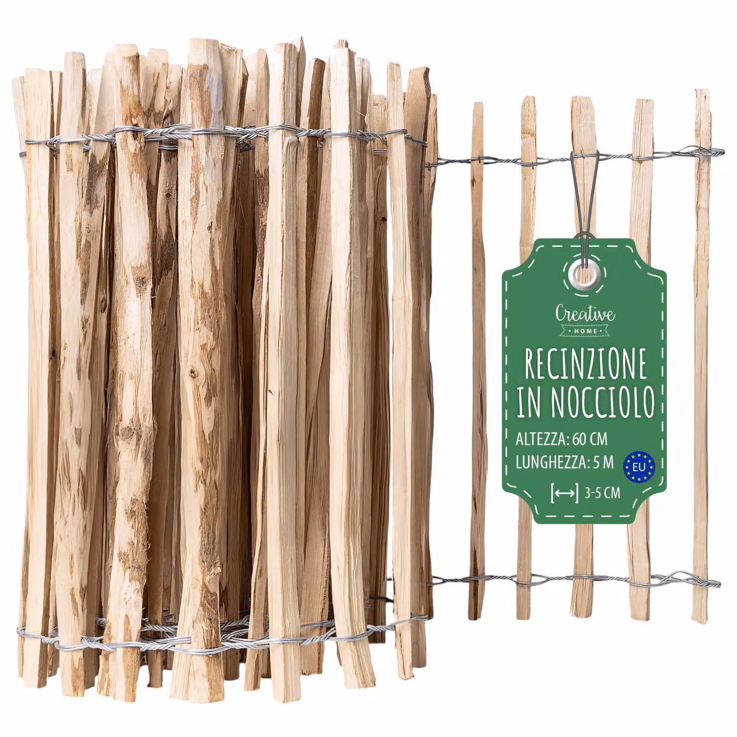 Creative Home Recinzione Bordura Giardino 60cm x 5m | Rotolo Legno Naturale Flessibile | Distanza rami: 3-5cm | Recinto Prato, Aiuole