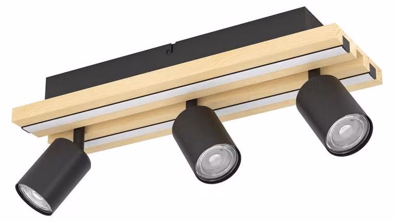 Lampada a soffitto a 3 luci, modello Gesteira, nera con elementi in legno