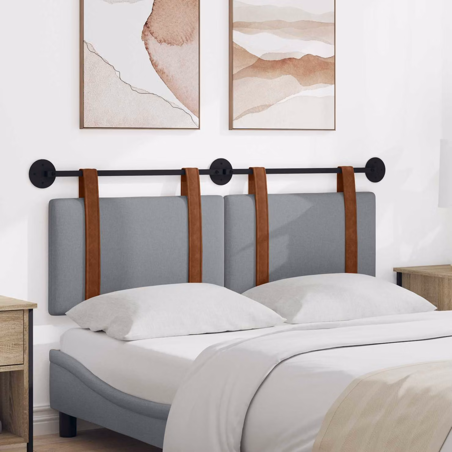 Testiera sospesa vidaXL in similpelle grigio chiaro con pannello imbottito e struttura in legno e metallo L: 130 cm, H: 55 cm, P: 5 cm