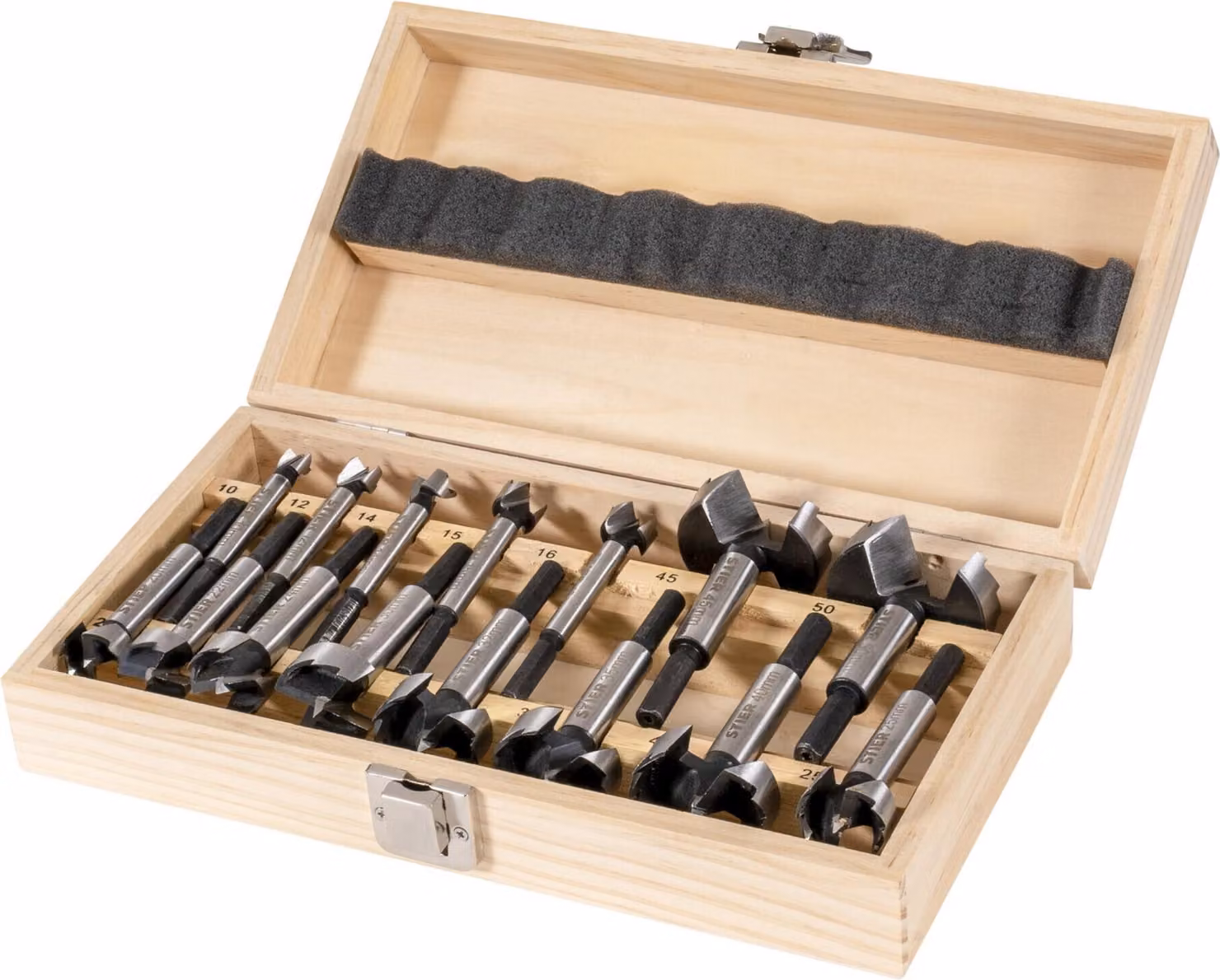 Set di punte STIER in valigetta di legno, 15 pezzi (diametro 10 - 50 mm), gambo 8 - 9 mm, per legno duro e tenero, Set di punte STIER, Set di punte STIER