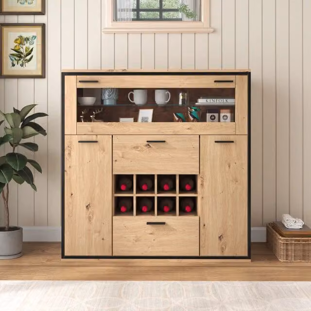 Mobile bar con 2 ante e ripiani portabottiglie, divisorio in vetro, LED a 16 colori, per soggiorno, truciolare, naturale e nero