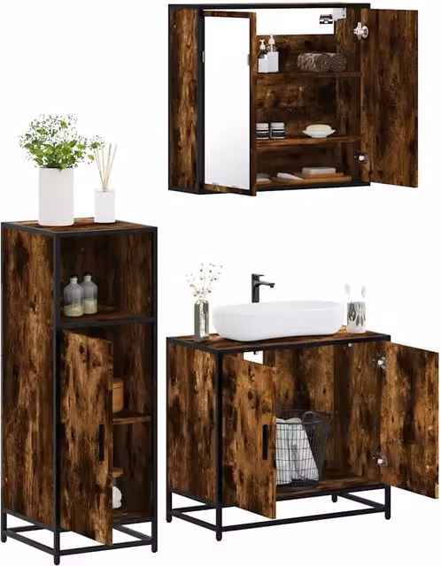 Set Mobili da Bagno 3 pz Rovere Fumo in Legno Multistrato 3300947