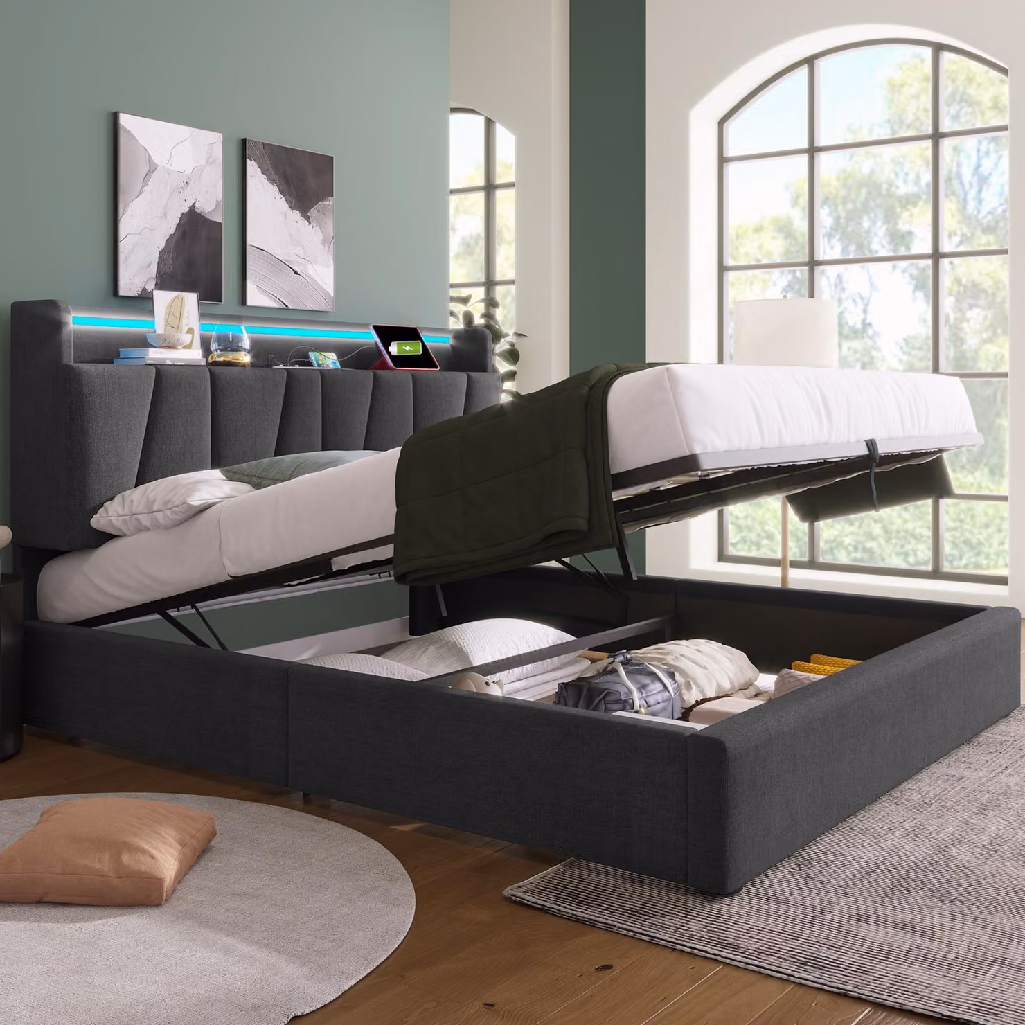 Letto imbottito MODFU letto matrimoniale 160x200cm con funzione di ricarica USB e illuminazione LED, letto a sacco idraulico (senza materasso), grigio