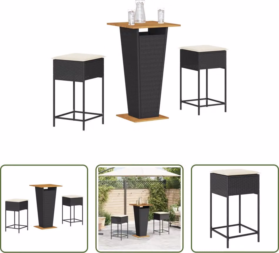 The Living Store Set da bar da giardino in 3 pezzi con cuscini in rattan polivalente nero