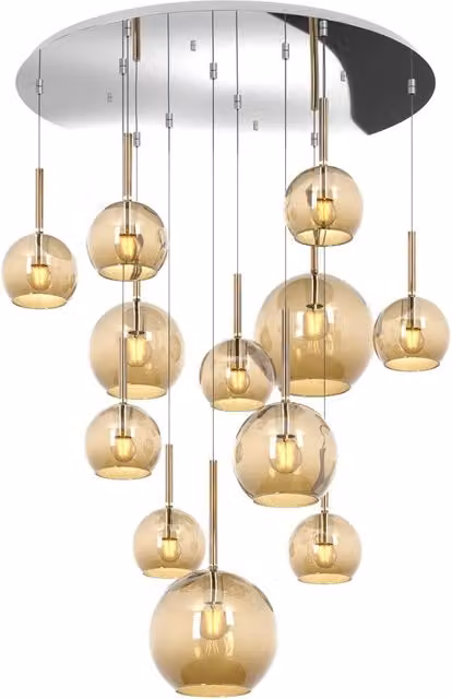 Lampadario a sospensione contemporaneo Top Light in metallo cromato e vetro ambra con 12 luci E27