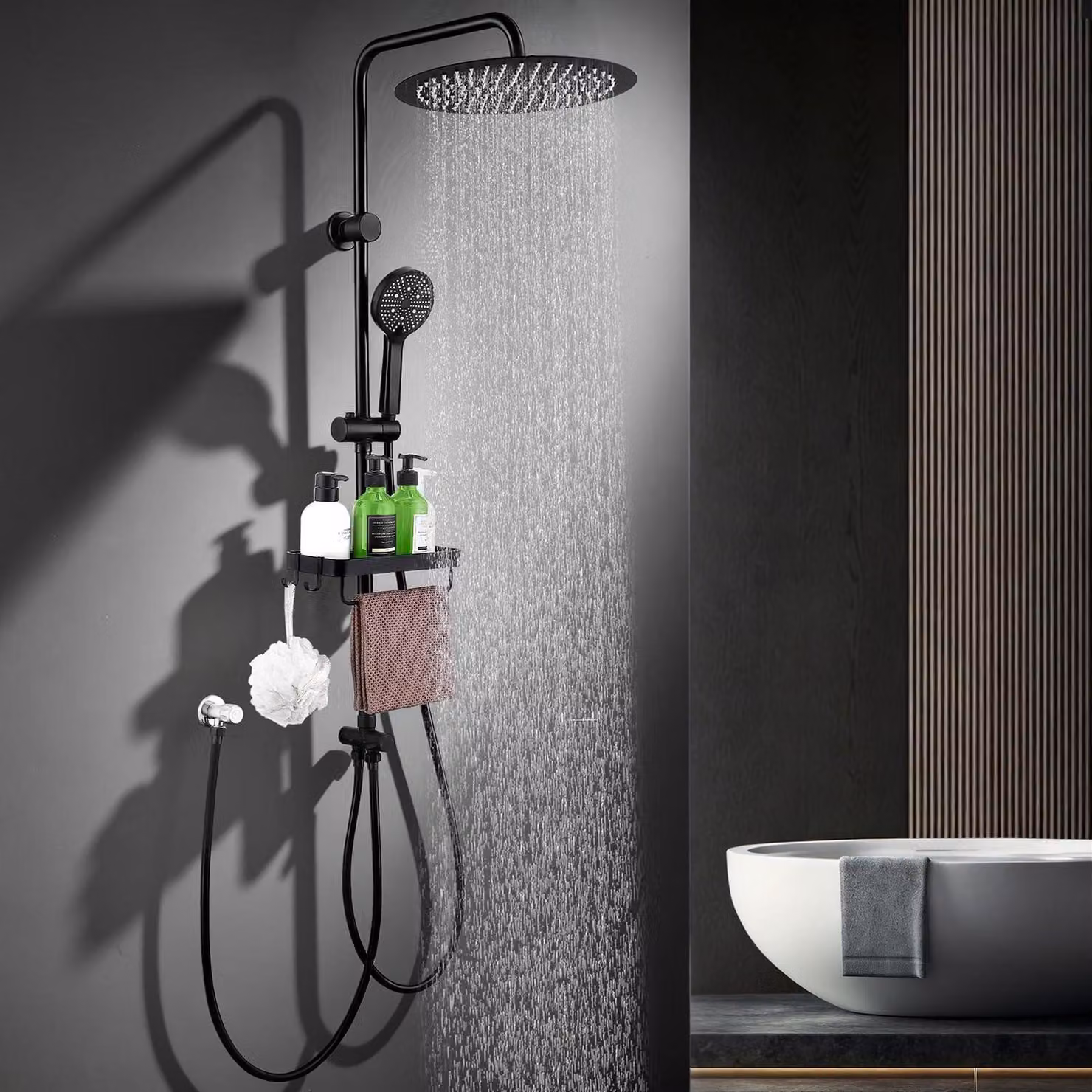 Doccia a soffitto nera con diametro di 30 cm e soffione e doccetta manuale a 5 funzioni