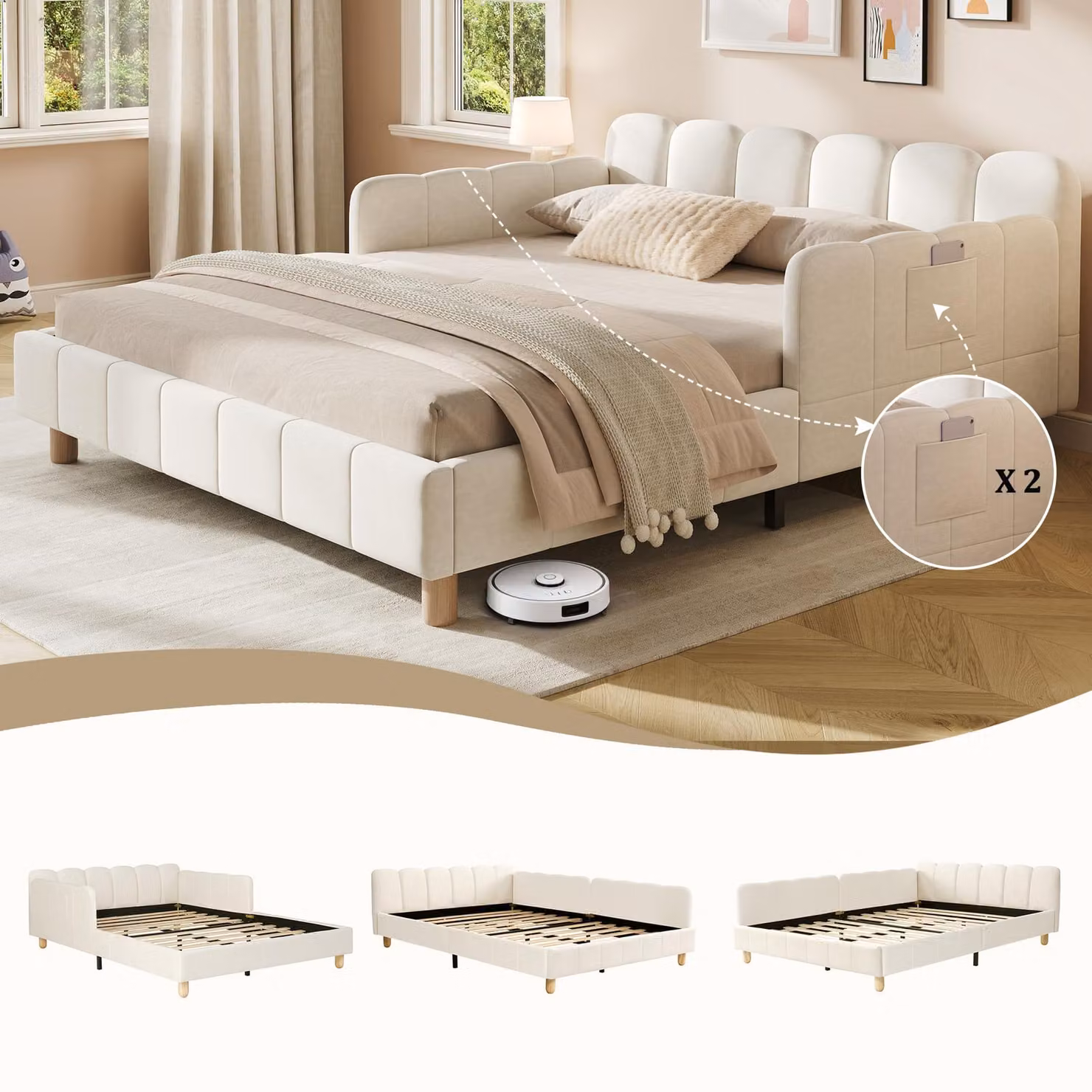 Letto imbottito 140 x 200 cm, letto per bambini con protezioni laterali, testiera imbottita, rete a listelli, gambe in legno massello e rivestimento in velluto, color beige