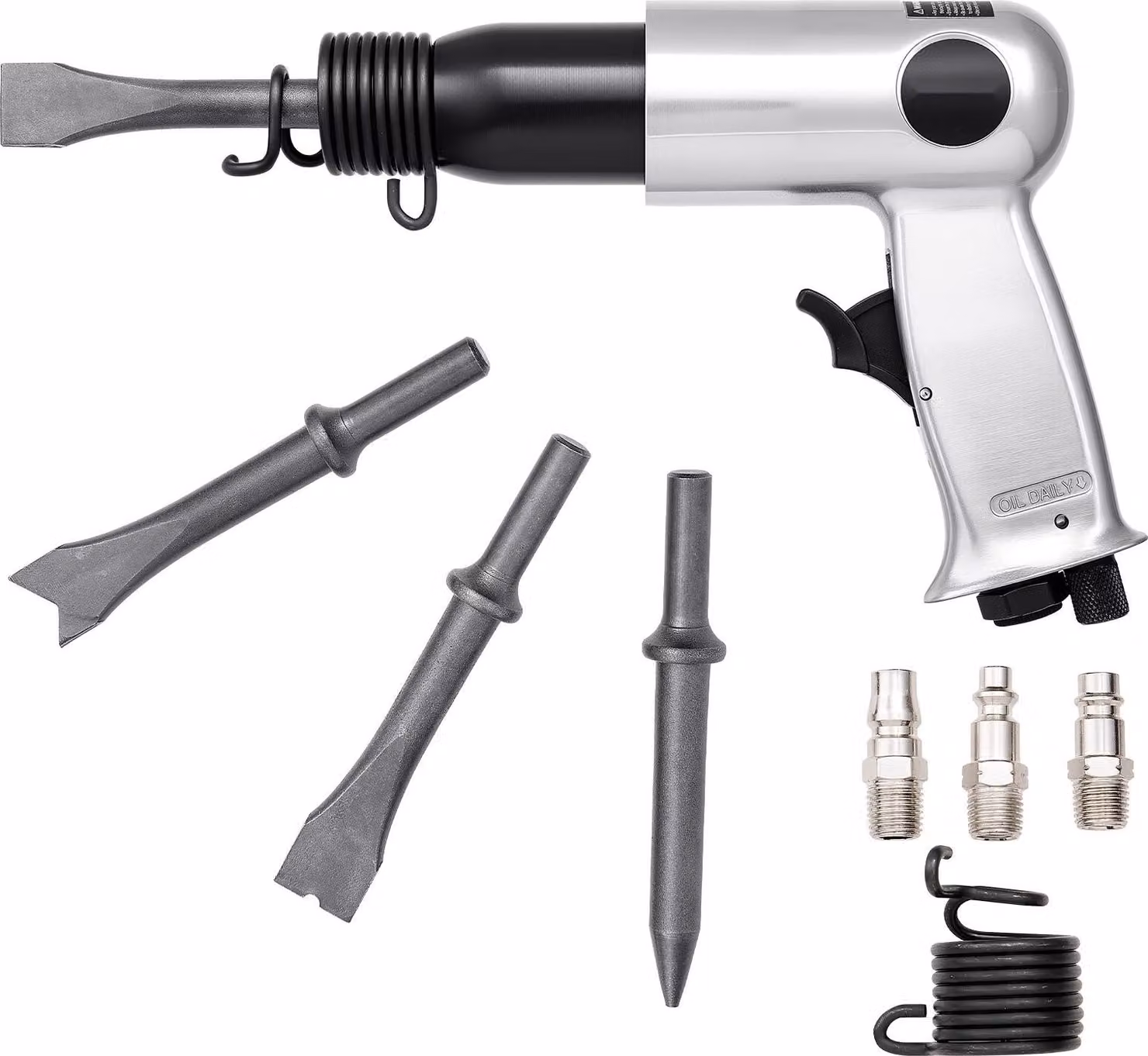 Martello pneumatico a scalpello - Set con 4 scalpelli incl. pala - 3500 colpi/min - Corsa 70 mm - Supporto a stelo tondo - Impugnatura a pistola - Compatto - Per tagliare, punzonare, raschiare